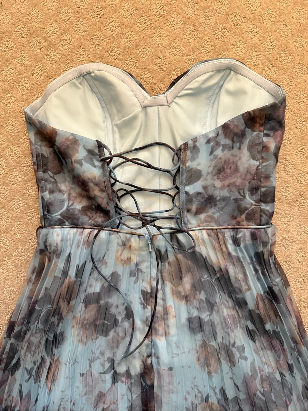 Lulu's Strapless Blue Floral Pleated Organza Gown Most Beautiful Day Maxi Dress - Picture 8 of 11